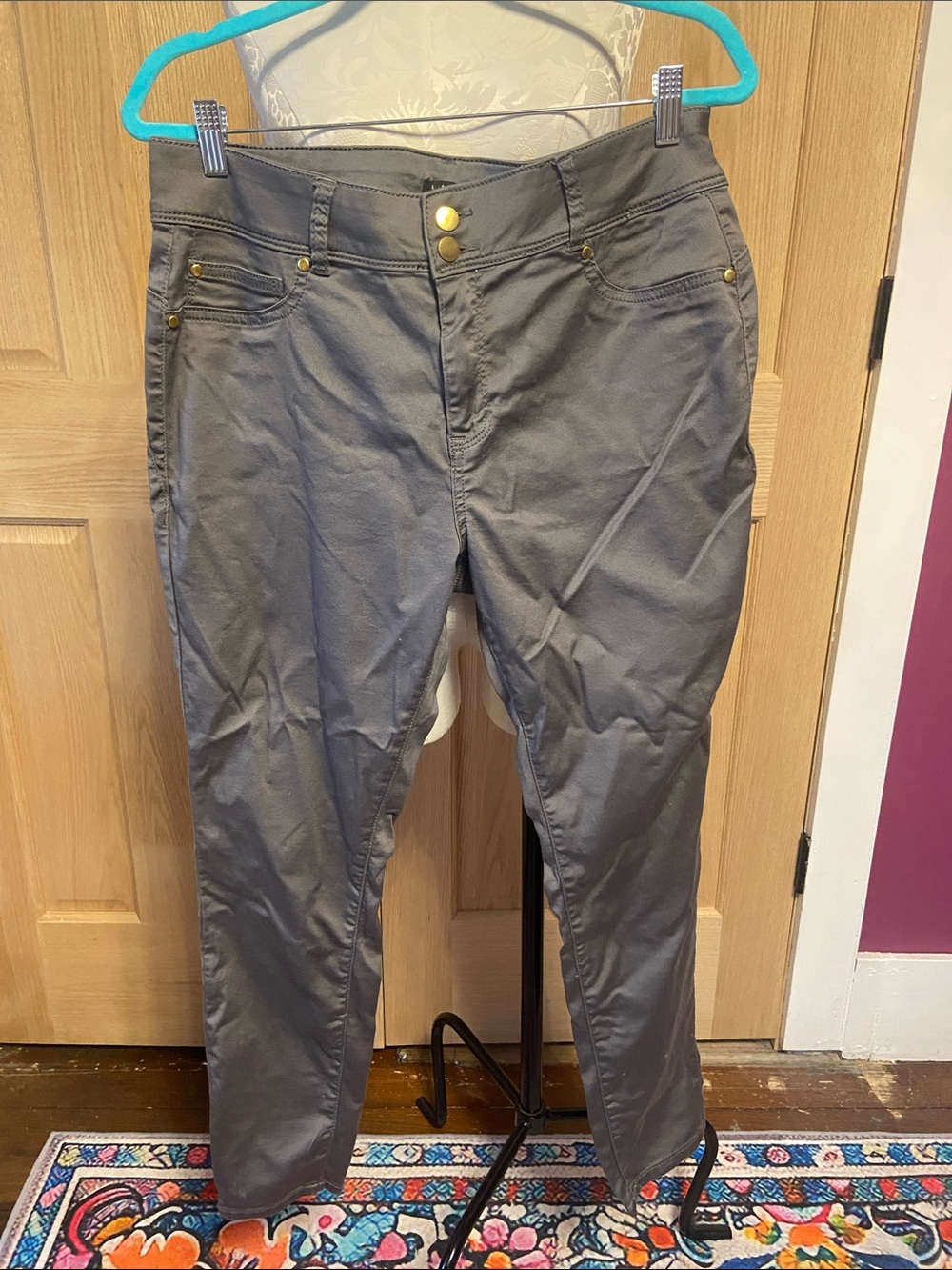IMAN Gray Slim Pants with Gold-Tone Accents